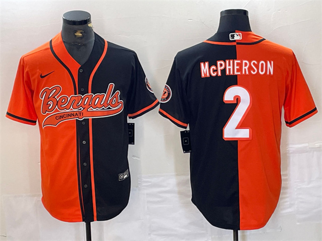 Men's Cincinnati Bengals #2 Evan McPherson Black/Orange Split With Patch Cool Base Stitched Baseball Jersey